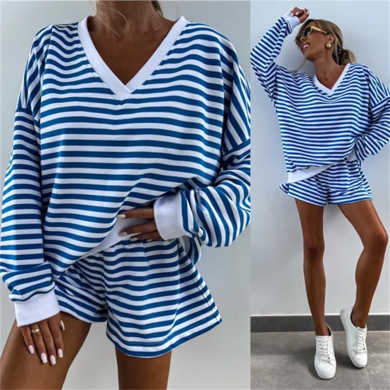 Summer set, long-sleeve, sports shorts, Amazon, V-neckline, oversize, 2 pieces 3