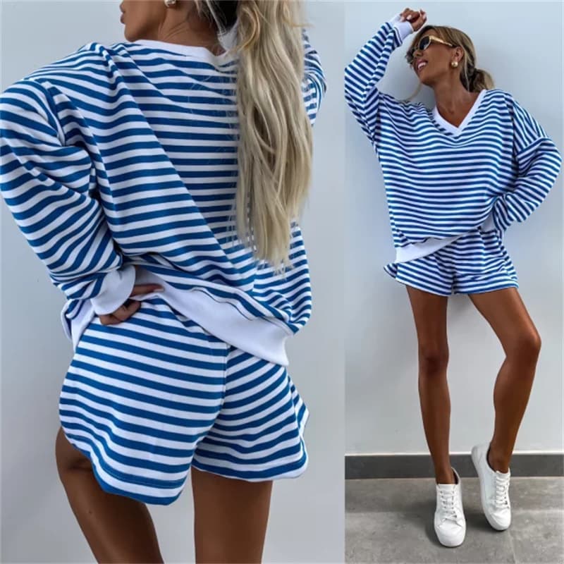 Summer set, long-sleeve, sports shorts, Amazon, V-neckline, oversize, 2 pieces 4