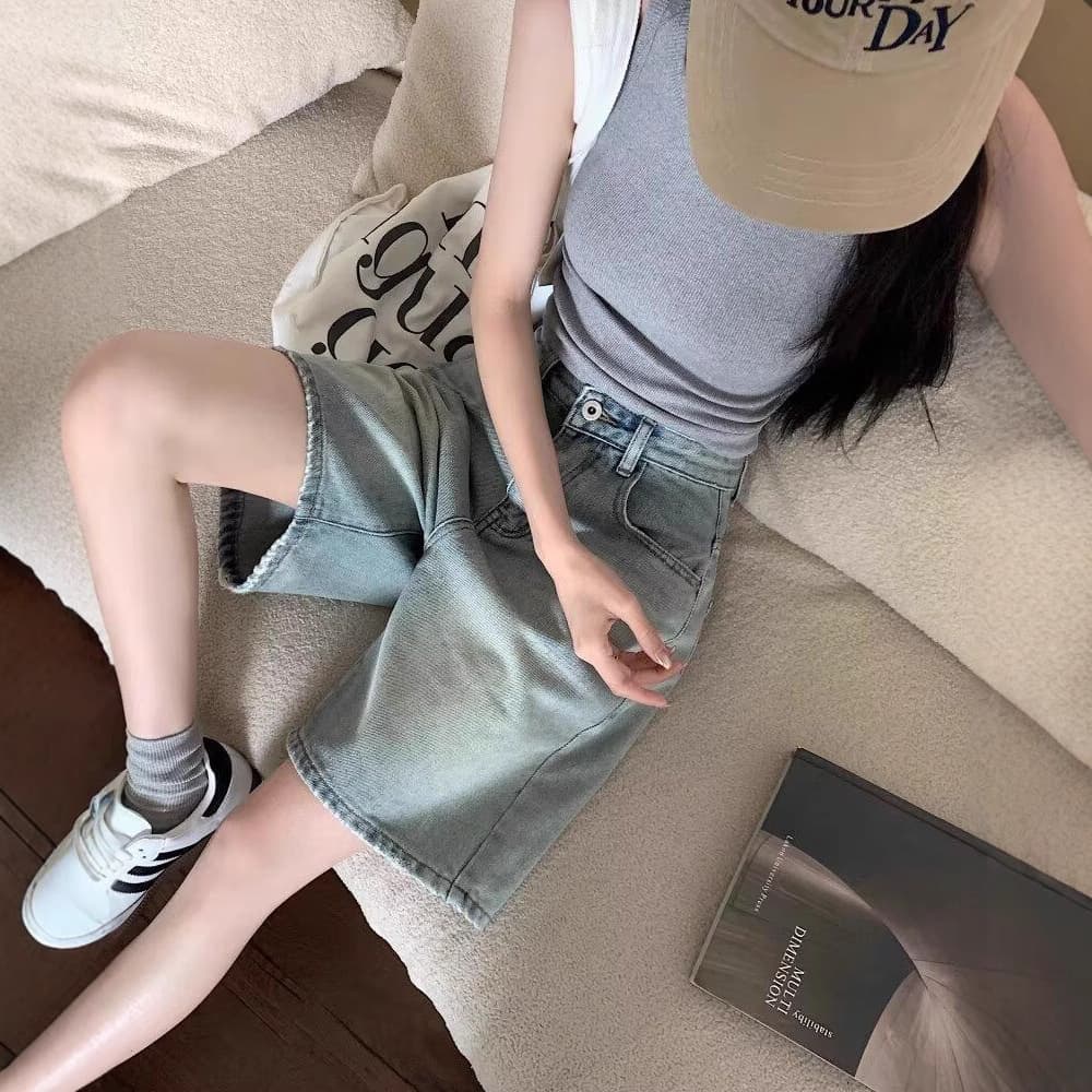 Retro solid color denim skirt, shorts, travel trousers, oversize, internet celebrity, 2025 years 3