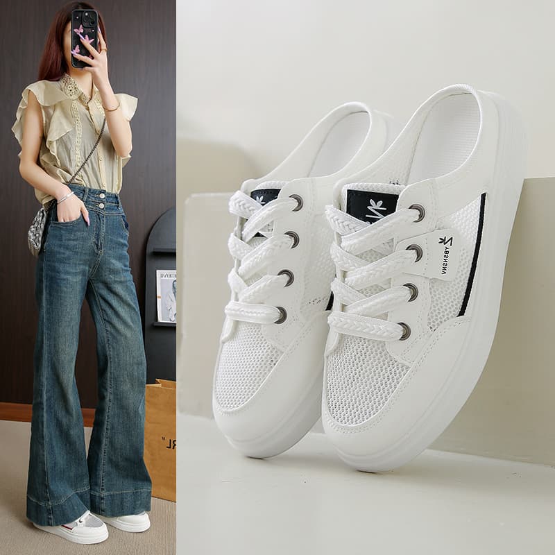 Mesh breathable white shoes for women 2025 summer new low-top shoes daily casual shoes semi-trailable mesh women's shoes Q88