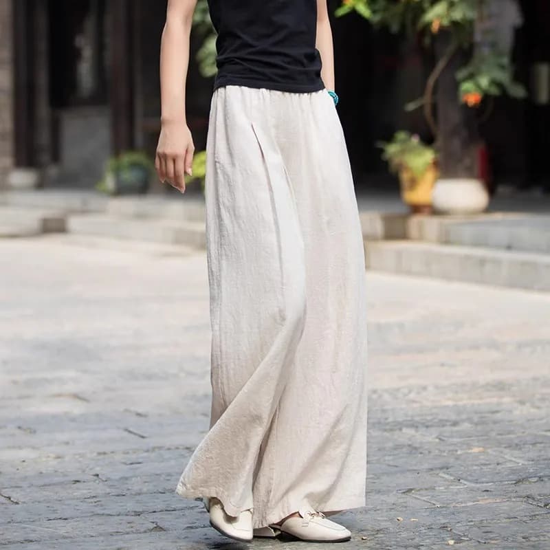 Summer solid trousers for leisure, cotton and linen, high waist, loose straight fit 2
