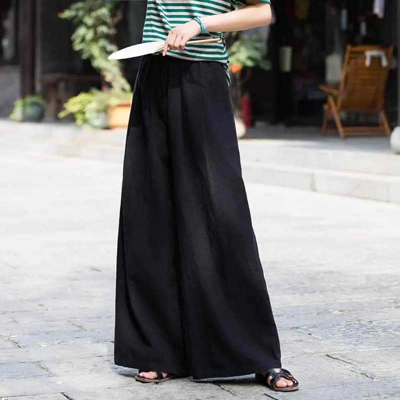 Summer solid trousers for leisure, cotton and linen, high waist, loose straight fit 3
