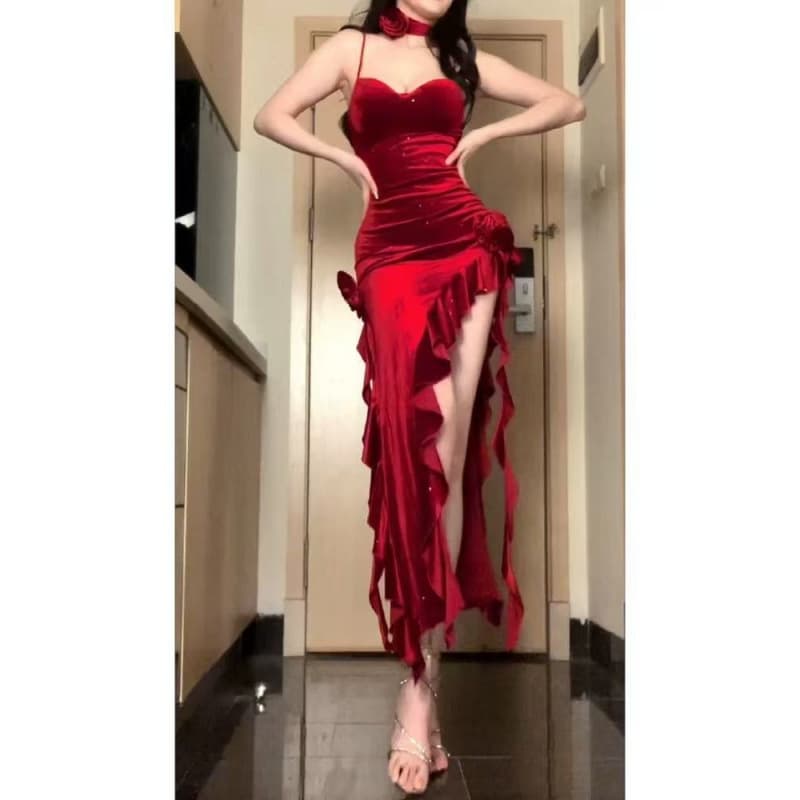 Summer red sexy dancing velvet dress, graduation party, Birthday gift 3
