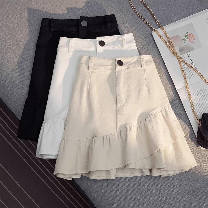 Summer white denim skirt, mini-skirt, protective underware, A-line, high waist