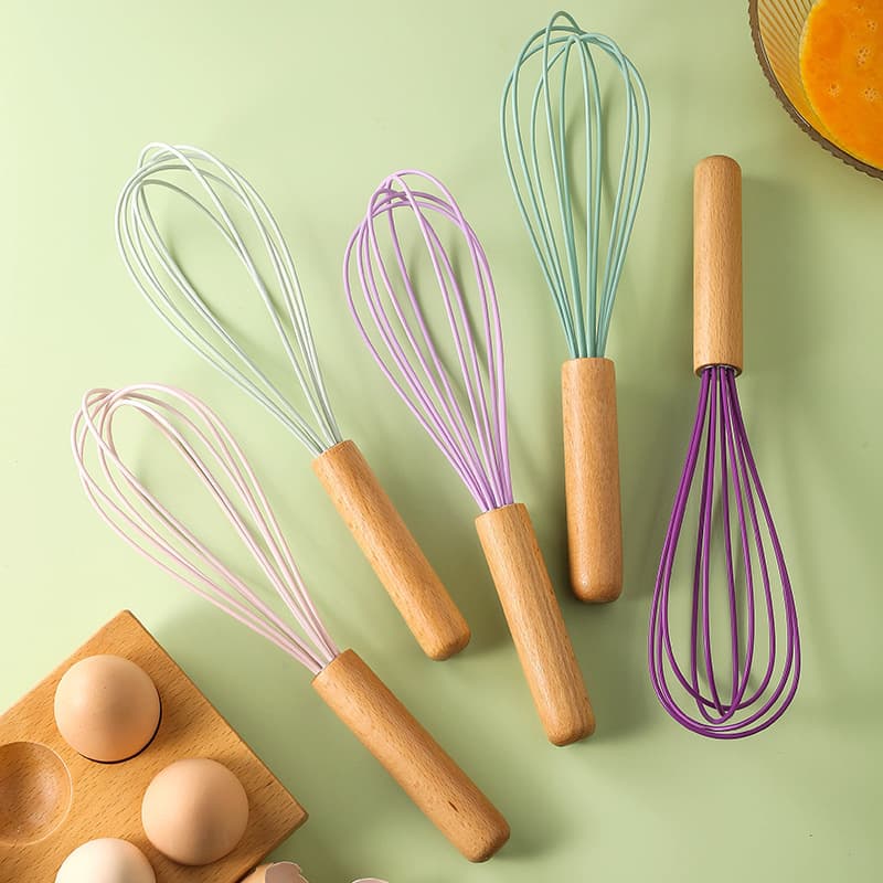 Cross-border 8-inch 10-inch 12-inch silicone egg beater manual wooden handle stirrer household egg beater baking utensils