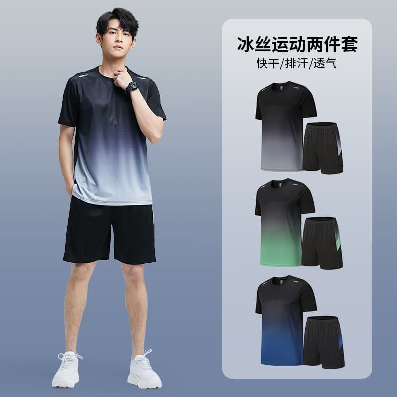 Body-friendly silk quick dry autumn demi-season sports suit for gym, basketball shorts for training, with short sleeve, for running