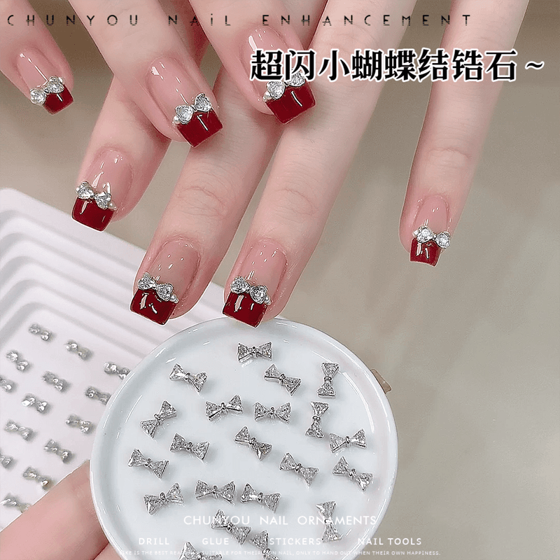 Bow tie with bow for manicure, metal nail decoration with rhinestones, internet celebrity, new collection, ready-made product 4