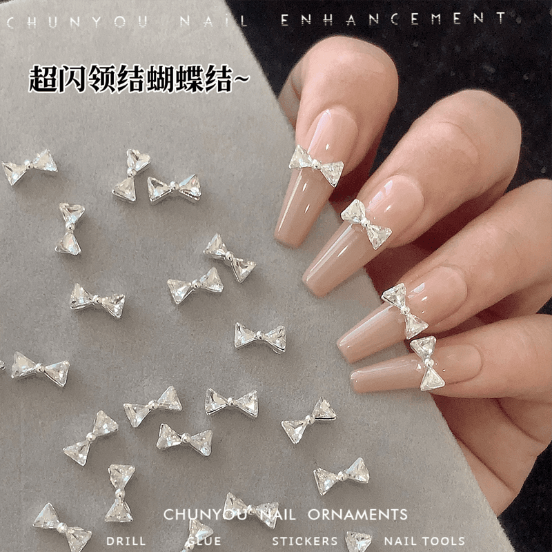 Bow tie with bow for manicure, metal nail decoration with rhinestones, internet celebrity, new collection, ready-made product