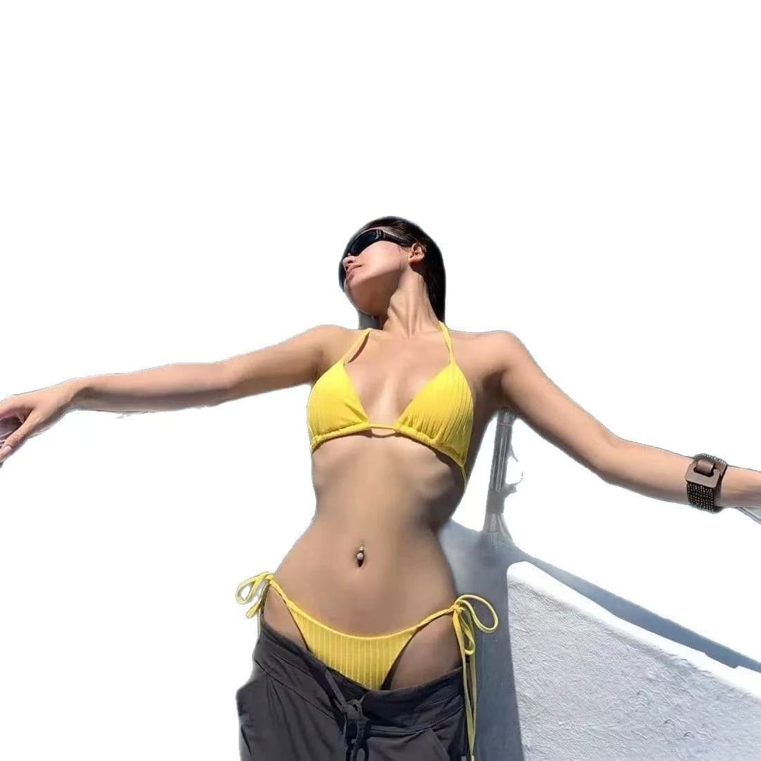 Yellow swimwear, sexy split belt, backless 5