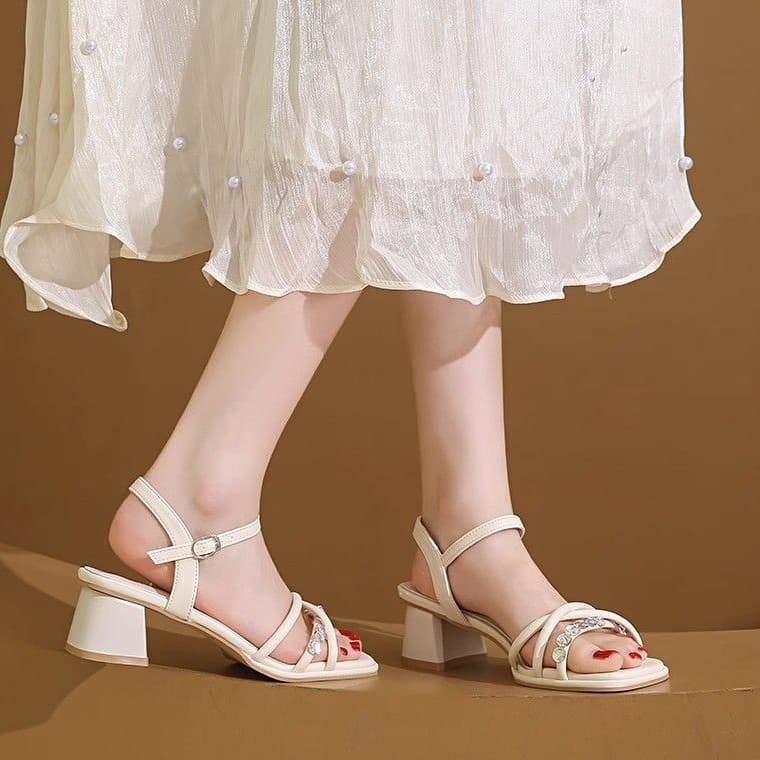 Women's summer fashionable sandals, elegant high heels with rhinestones with a strap, suitable with a skirt, Collection Year 2026, french style, wide stable heel 3