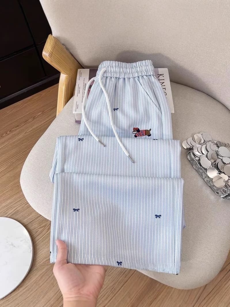 Blue summer trousers, with embroidery, high waist, loose straight fit 3