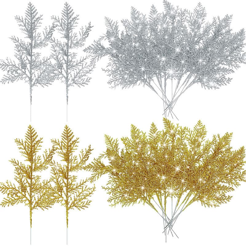 Cross-border artificial pine needle branches glitter leaves Christmas flowers DIY home garden decoration garland arrangement branches