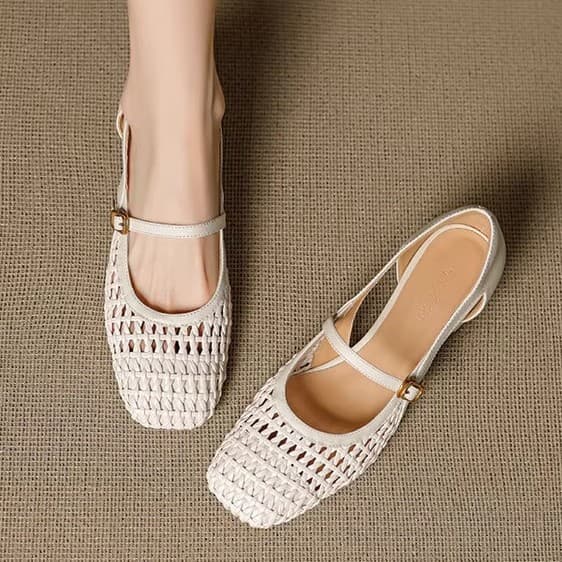 Summer woven shoes square toe, beige sandals made of soft leather, french style, mid heel, wide stable heel 2