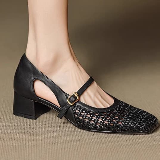 Summer woven shoes square toe, beige sandals made of soft leather, french style, mid heel, wide stable heel 3