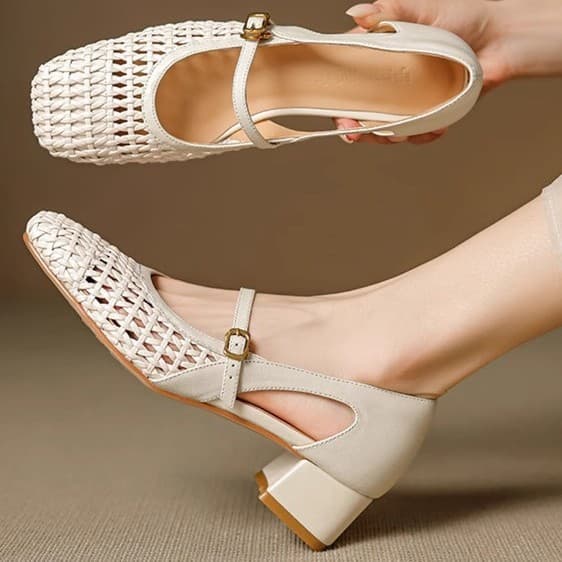 Summer woven shoes square toe, beige sandals made of soft leather, french style, mid heel, wide stable heel 4