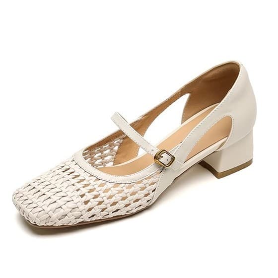 Summer woven shoes square toe, beige sandals made of soft leather, french style, mid heel, wide stable heel 5
