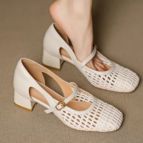 Summer woven shoes square toe, beige sandals made of soft leather, french style, mid heel, wide stable heel