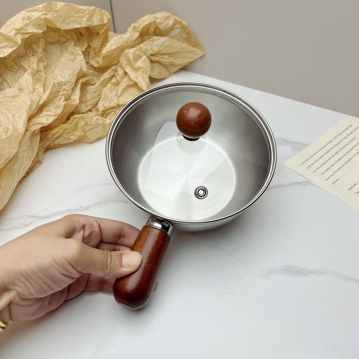 Thickened stainless steel small pot multifunctional cooking sauce cooking bowl anti-scalding wooden handle small bowl milk supplementary small pot