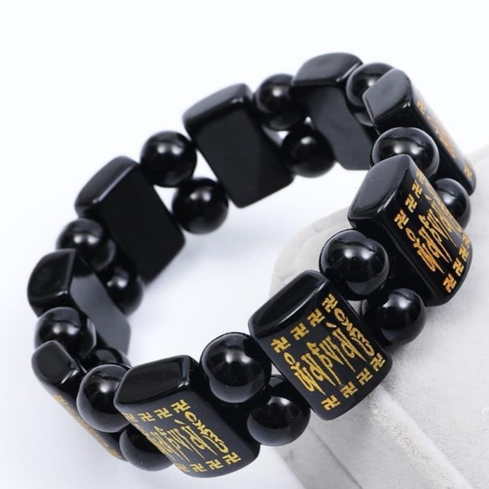 New imitation obsidian six-character mantra bracelet double row hand plate gold-plated pattern men's square card popular jewelry bracelet 3