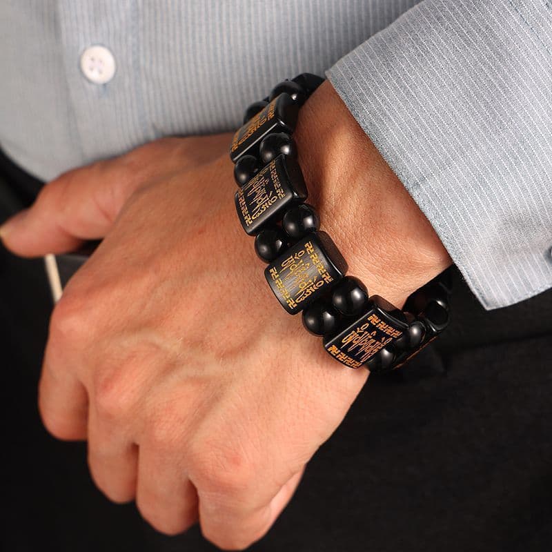 New imitation obsidian six-character mantra bracelet double row hand plate gold-plated pattern men's square card popular jewelry bracelet 4