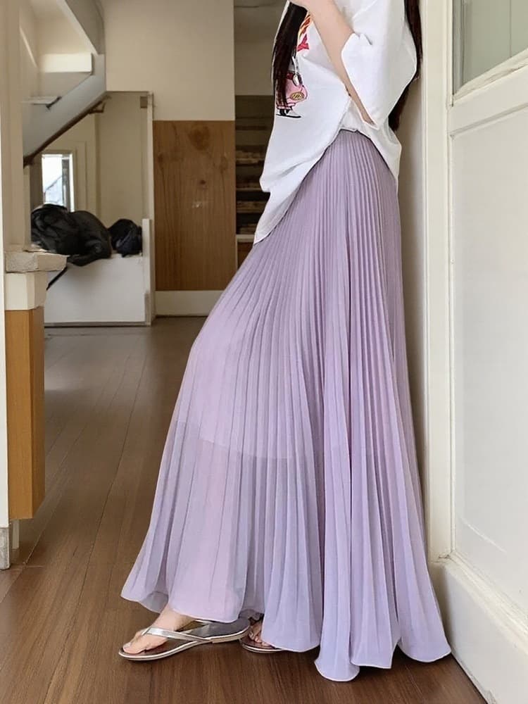 Shiffon summer pleated skirt, fitted long skirt, high waist, A-line