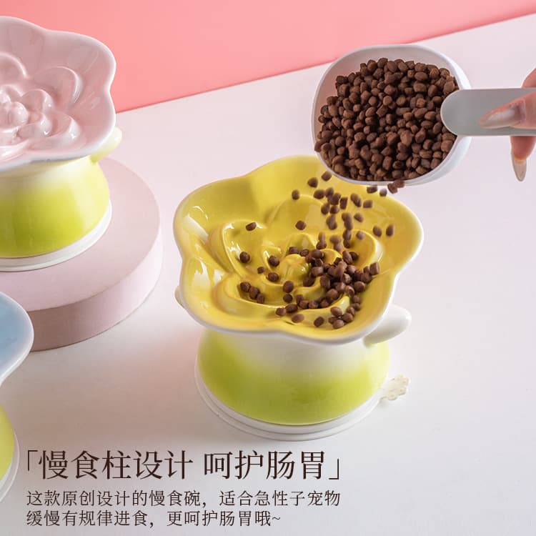 Flower ceramic pet bowl high-foot slow-food slanted neck protection cat dog slow-food bowl prevent choking food bowl prevent spitting food bowl 2