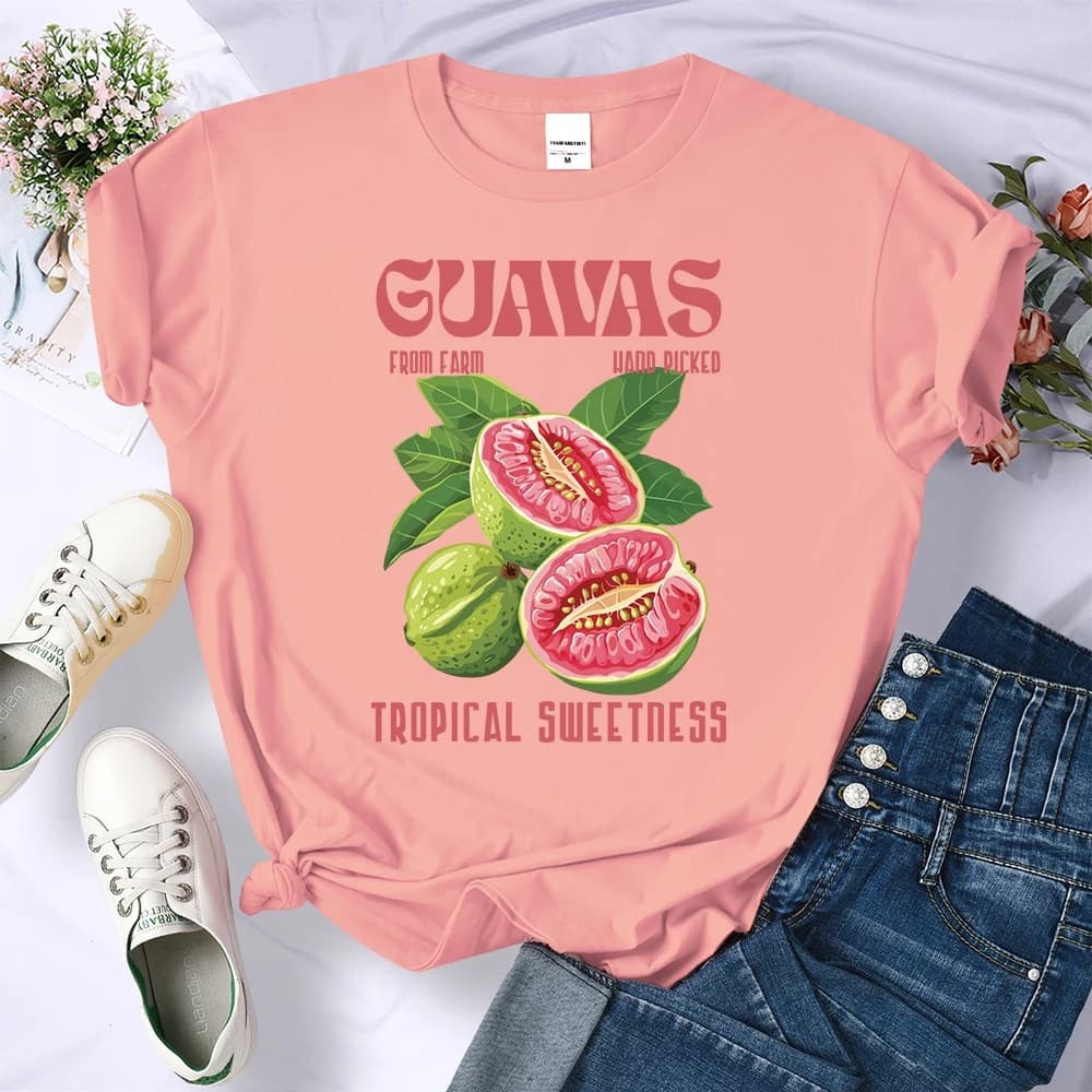 Fresh Guava Fruit Print Women's T-shirt Soft Casual T-shirt O-neck All Match Street Clothing Summer 2