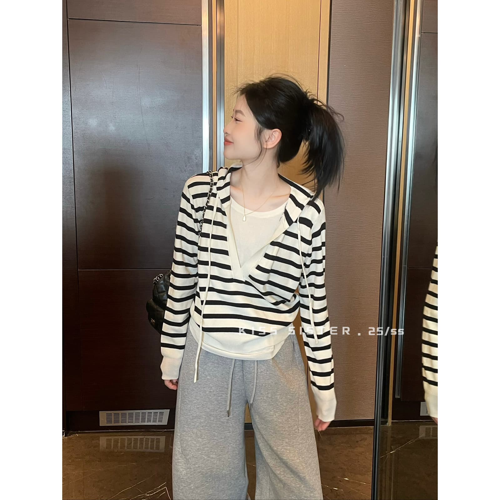 Demi-season set with hood, brace, long-sleeve, sweater, Korean style, V-neckline
