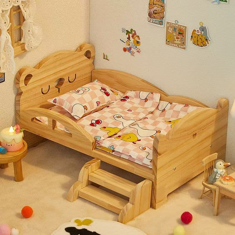 Small family furniture, cotton doll, set, with little bears, bedding