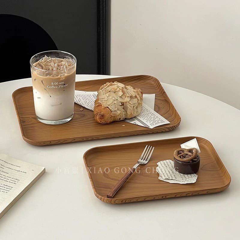 Ins style imitation wood grain plastic tray rectangular tea tray dinner plate cafe dessert plate cake plate dessert plate