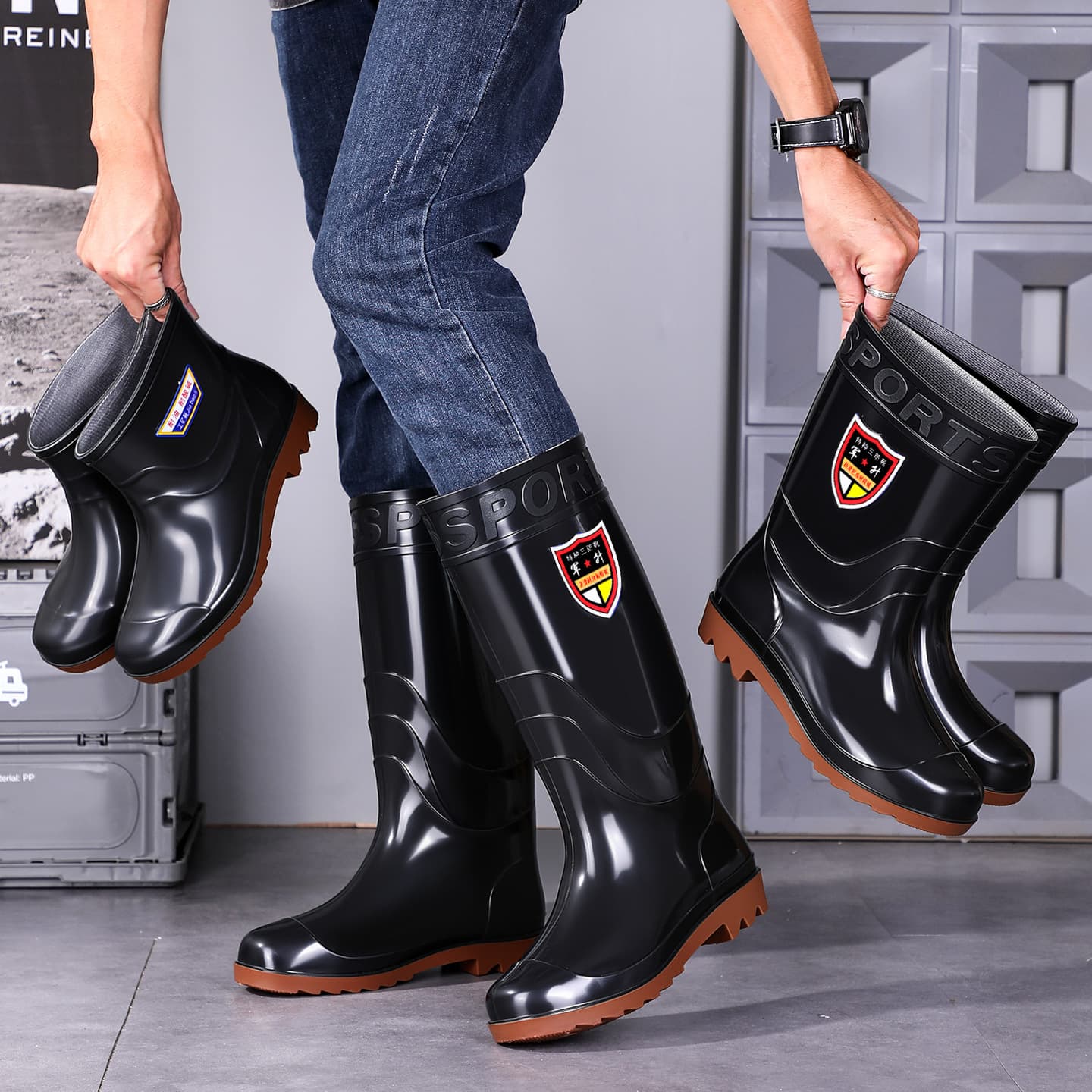 Men's tendon-soled high rain boots black long-tube black water shoes kitchen non-slip large-soled water boots medium-high tube labor insurance rubber shoes for men 3