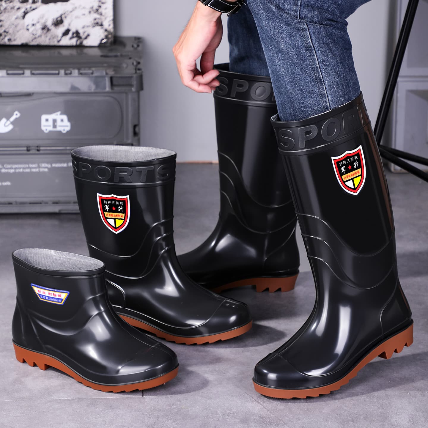 Men's tendon-soled high rain boots black long-tube black water shoes kitchen non-slip large-soled water boots medium-high tube labor insurance rubber shoes for men 4
