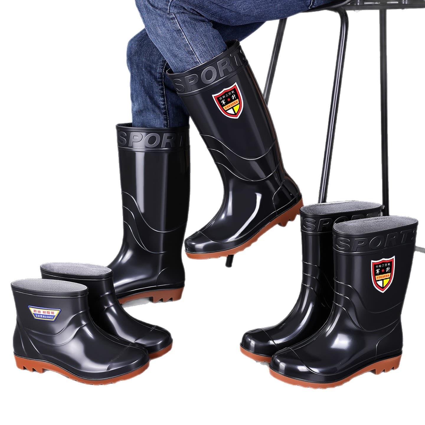 Men's tendon-soled high rain boots black long-tube black water shoes kitchen non-slip large-soled water boots medium-high tube labor insurance rubber shoes for men 5