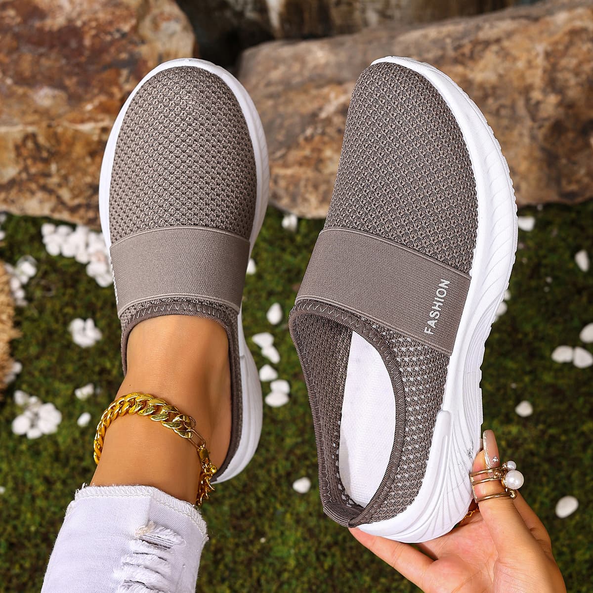 Shoes for women, half-cup casual shoes, large size women's shoes, fly-knit mesh shoes, slip-on shoes, Amazon TEMU dropshipping