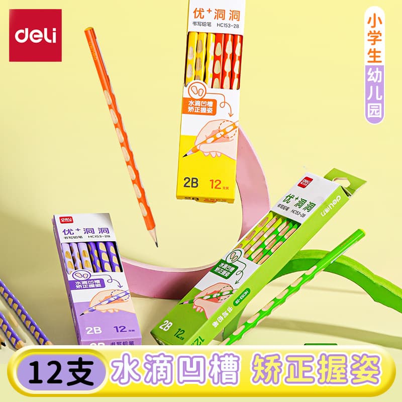 Triangular pencil with finger grooves for students