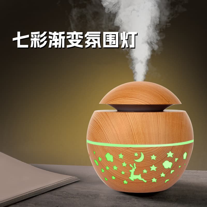 Creative mushroom head wood grain humidifier USB plug-in colorful hollow light-transmitting atmosphere light humidifier 2