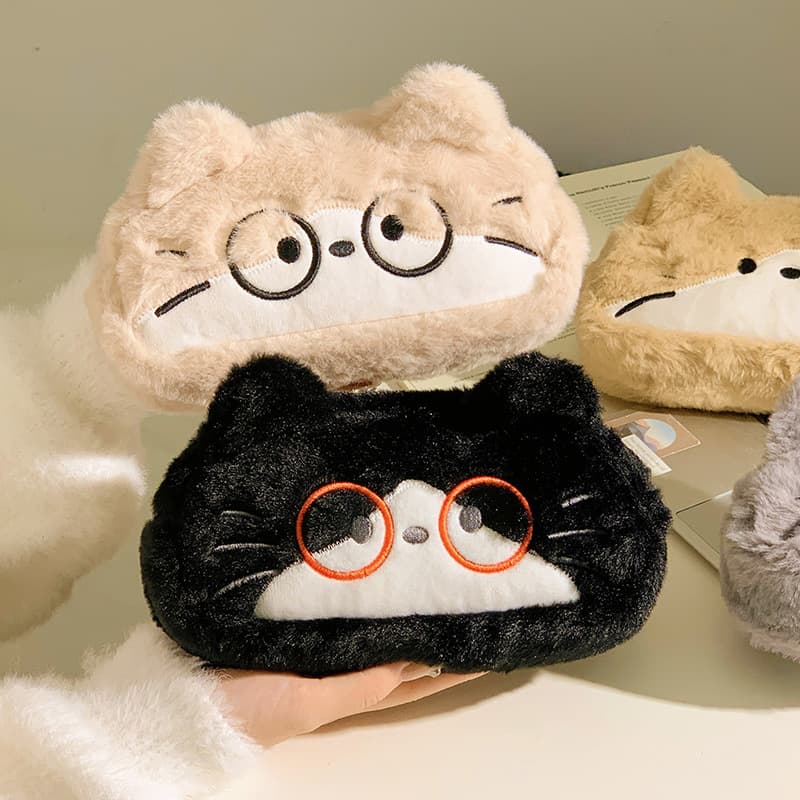 Cute glasses, plush capacious pencil case, school storage bag, kitten, Birthday gift