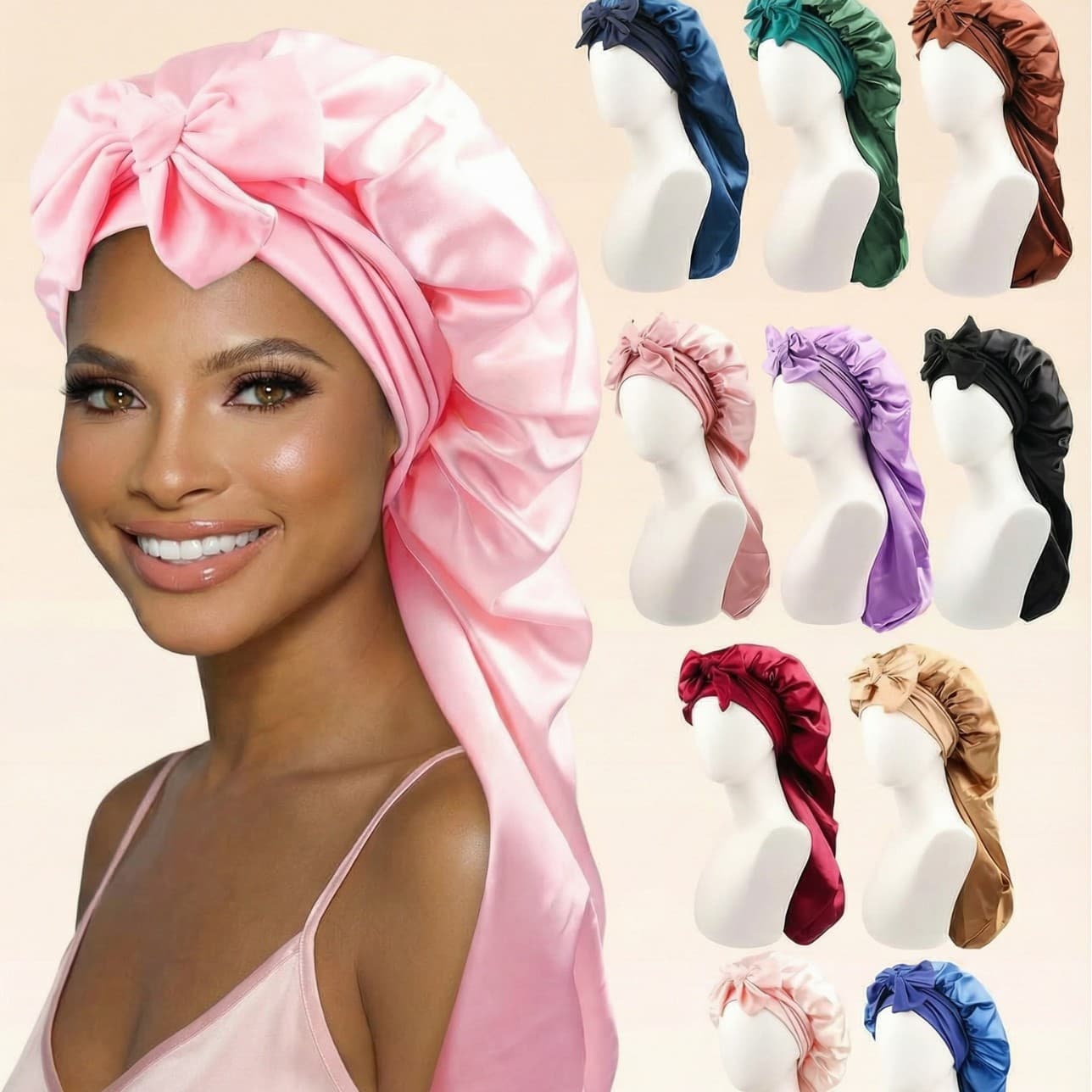 Cross-border bow ribbon nightcap imitation silk high elastic long tail nightcap beauty hair salon hair care wide-brimmed nightcap