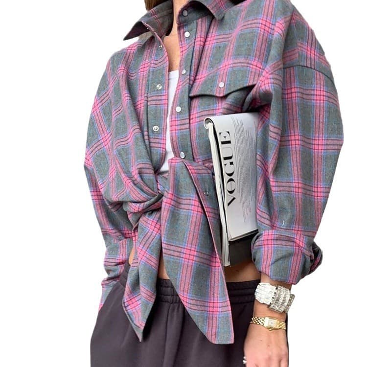 Amazon OZON cross-border women's shirt retro style loose 2025 spring autumn winter plaid long-sleeved pocket shirt versatile