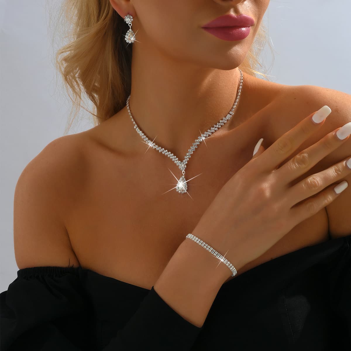 Accessory, metal necklace and earrings, set, jewelry for bride, 2 piece set