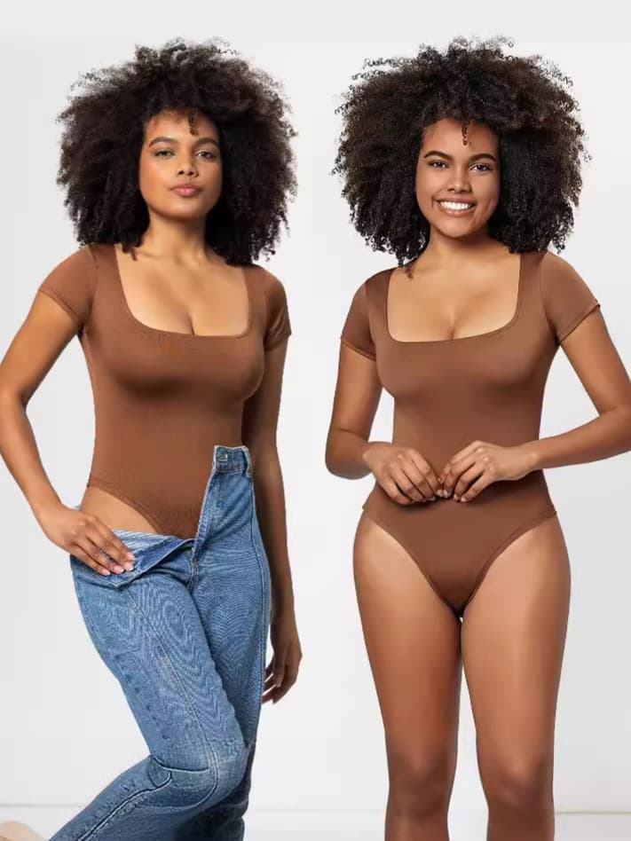 Bodysuit, short sleeve T-shirt, overall, short trousers, European style, square neckline, slim fit, plus size, high waist