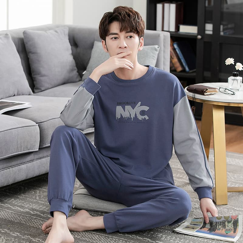 Men's autumn pijama, long-sleeve, thin cotton trousers, demi-season set for leisure, men's style, plus size