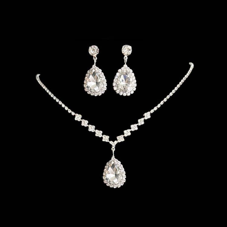 Earrings, necklace, set, sophisticated chain for bride, accessory, European style, 2 piece set, diamond encrusted, light luxury style