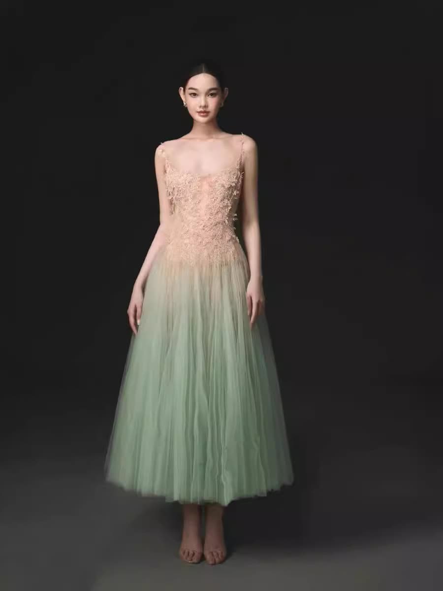 Lace mint small design evening dress, lifting effect