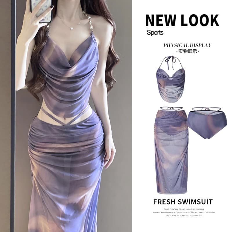 Swimwear, split set, sexy long skirt, push up bra, 3 piece set