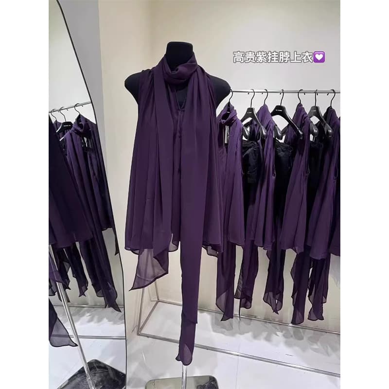 Summer shiffon design purple shirt sleevless, french style, trend of season