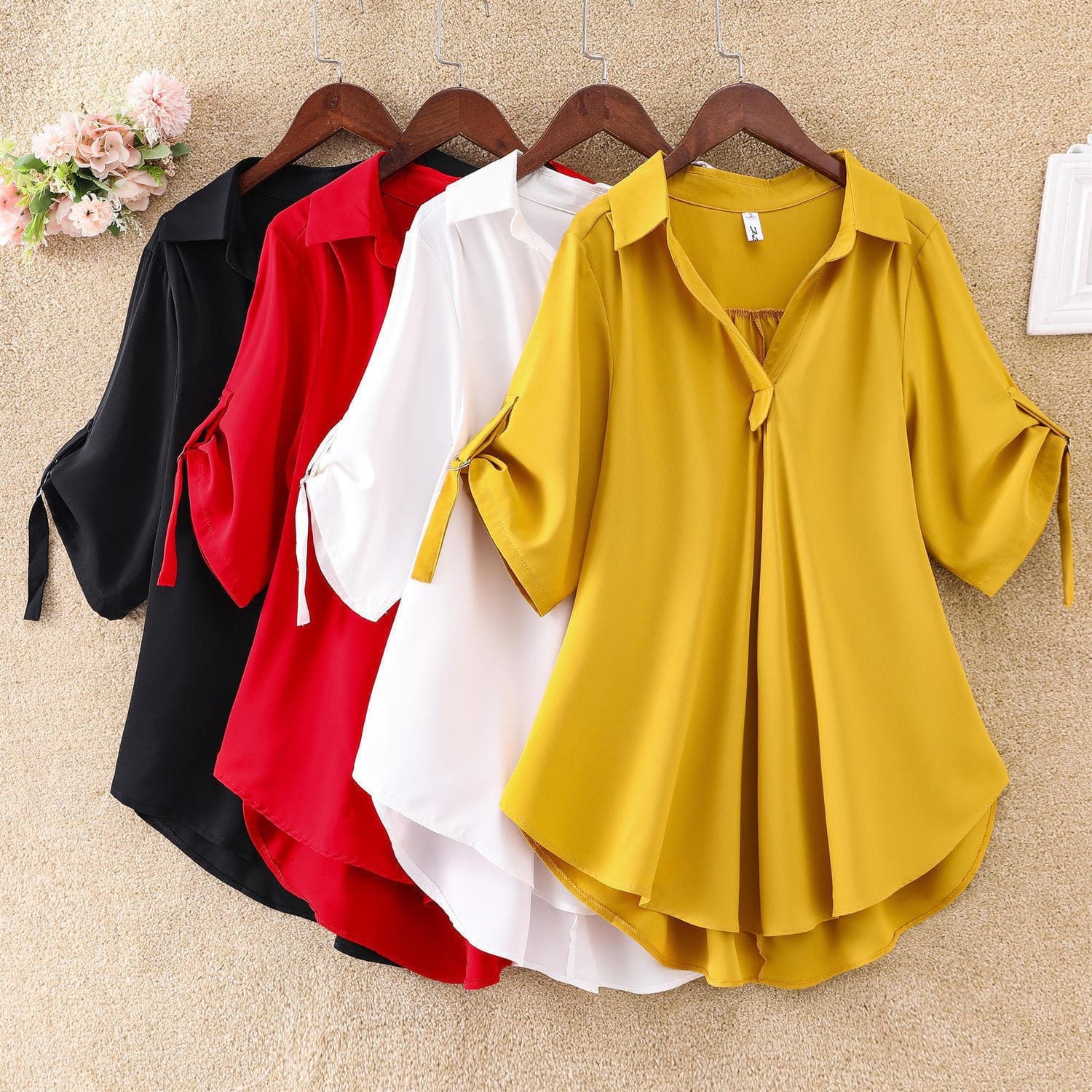 Long summer shirt, fitted shiffon brace, mid-length, with short sleeve, plus size