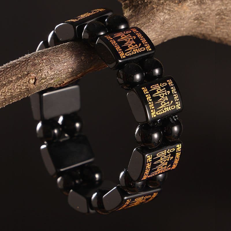 New imitation obsidian six-character mantra bracelet double row hand plate gold-plated pattern men's square card popular jewelry bracelet