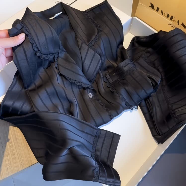 Silk autumn demi-season pijama, long-sleeve, lace trousers, set, high-quality style